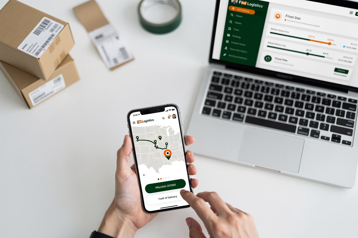 Fed Logistics real-time package tracking dashboard showing delivery status, location map, and estimated arrival time